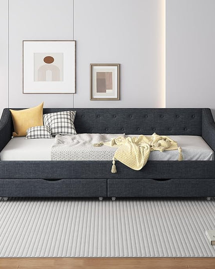 Full Daybed Frame with 2 Storage Drawers,Upholstered Sofa Bed W/Button & Nailhead Tufted Design,Wood Slats Support,Linen Fabric Bedframe for Living Room Bedroom Apartment,Dark Gray - LeafyLoom