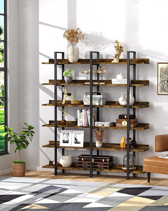 Bookshelf, 82.7" Double Wide 6 Tier Industrial Wooden Bookcase Large Wall Etagere Rustic Vintage Tall Book Shelf with Metal Frame Open Storage Rack for Living Room Home Office - LeafyLoom
