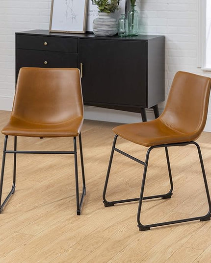 Walker Edison Douglas Urban Industrial Faux Leather Armless Dining Chairs, Set of 2, Whiskey Brown - LeafyLoom
