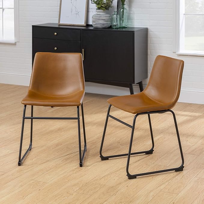 Walker Edison Douglas Urban Industrial Faux Leather Armless Dining Chairs, Set of 2, Whiskey Brown - LeafyLoom