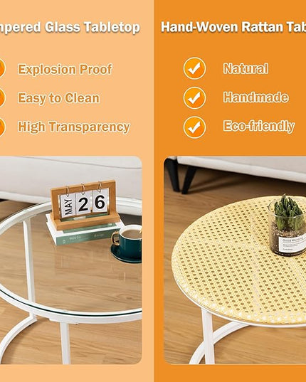 Round Coffee Table Rattan, Boho Coffee Table White, Nesting Coffee Table Set of 2, Circle Coffee Tables for Living Room, Metal Frame - LeafyLoom