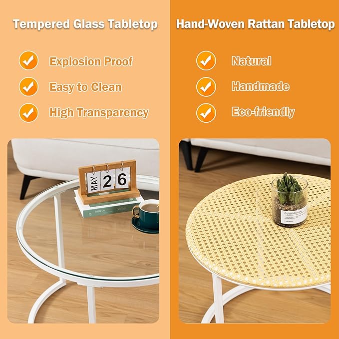 Round Coffee Table Rattan, Boho Coffee Table White, Nesting Coffee Table Set of 2, Circle Coffee Tables for Living Room, Metal Frame - LeafyLoom