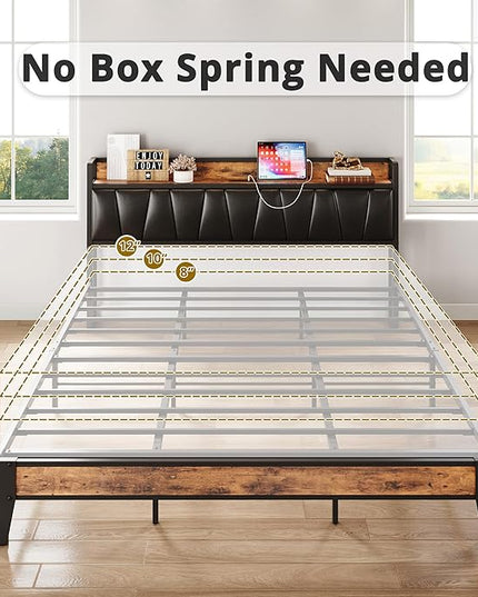 LIKIMIO California King Bed Frame, Storage Headboard with Charging Station, Solid and Stable, Noise Free, No Box Spring Needed, Easy Assembly (Vintage and Black) - LeafyLoom