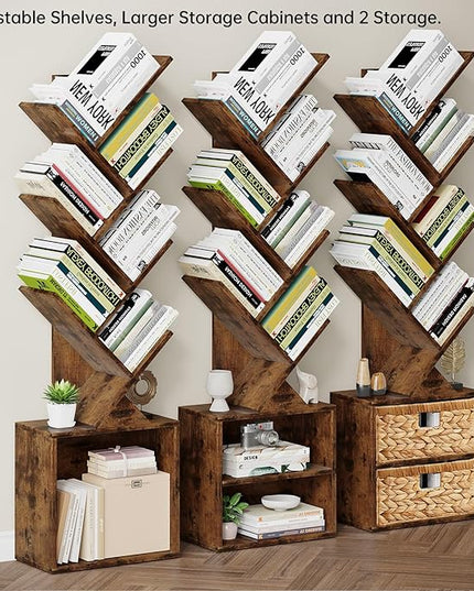 Vagusicc 6 Tier Tree Bookshelf, Modern Floor Standing Bookcase with Storage Drawer, Space Saving Storage Organizer Book Shelves for Books, Tall Wood Storage Rack for Bedroom/Living Room/Home Office - LeafyLoom