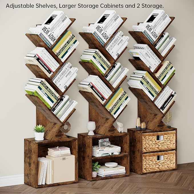 Vagusicc 6 Tier Tree Bookshelf, Modern Floor Standing Bookcase with Storage Drawer, Space Saving Storage Organizer Book Shelves for Books, Tall Wood Storage Rack for Bedroom/Living Room/Home Office - LeafyLoom