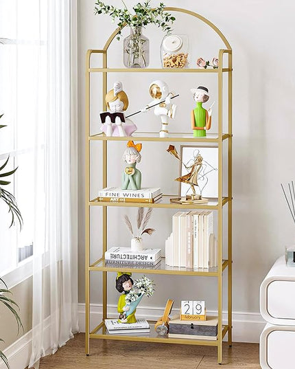 Bookcase Bookshelf, Tempered Glass Bookshelves, Slim Shelving Unit for Bedroom, Bathroom, Home Office, Steel Frame, 5 Tier Gold BC21599G - LeafyLoom
