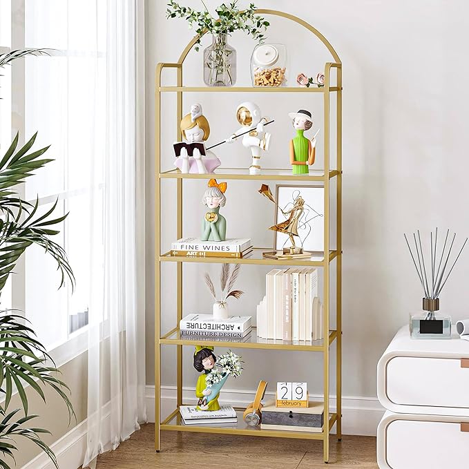 Bookcase Bookshelf, Tempered Glass Bookshelves, Slim Shelving Unit for Bedroom, Bathroom, Home Office, Steel Frame, 5 Tier Gold BC21599G - LeafyLoom