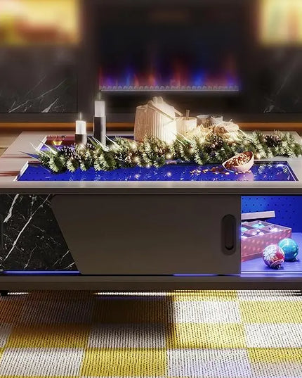 Bestier 42 Inch LED Coffee Table with Storage Glass Coffee Tables for Living Room with Sliding Doors, Black Living Room Center Table - LeafyLoom