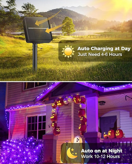 Minetom 2 Pack Solar Halloween Lights Outdoor, Total 80FT 200 LED Halloween String Lights with 8 Modes, Halloween Decoration Outdoor, Waterproof Solar String Lights for Outside Tree Yard Party, Purple Minetom