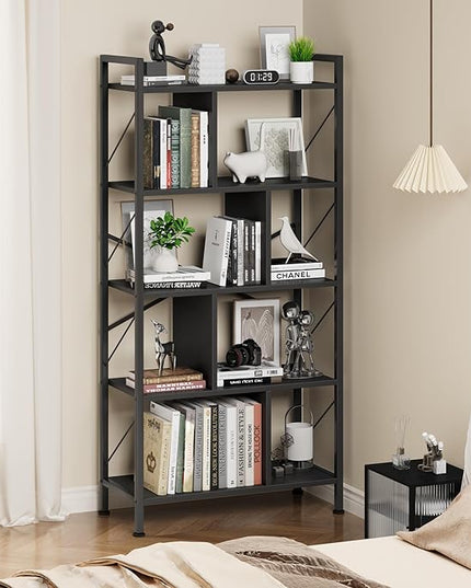 5 Tier Bookshelf with Storage, 61 Inch Tall Industrial Book Shelf with Open Display Bookshelves, 5 Shelf Bookcase with Metal Frame for Living Room, Bedroom and Home Office-Black - LeafyLoom