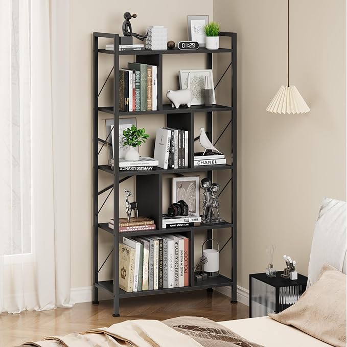 5 Tier Bookshelf with Storage, 61 Inch Tall Industrial Book Shelf with Open Display Bookshelves, 5 Shelf Bookcase with Metal Frame for Living Room, Bedroom and Home Office-Black - LeafyLoom