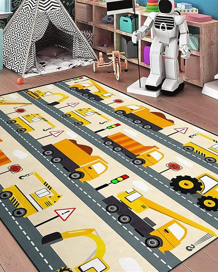 Construction Rug Car Rug Construction Rugs for Boys Room Cartoon Truck Area Rug Construction Play Mat Car Rug for Boys Room Construction Decor for Boys Room 3'×4' - LeafyLoom