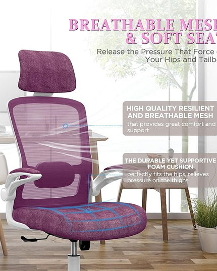 Mimoglad Office Chair, High Back Ergonomic Desk Chair with Adjustable Lumbar Support and Headrest, Swivel Task Chair with flip-up Armrests for Guitar Playing, 5 Years Warranty - LeafyLoom