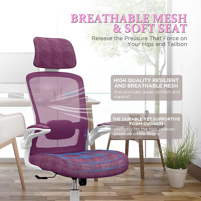 Mimoglad Office Chair, High Back Ergonomic Desk Chair with Adjustable Lumbar Support and Headrest, Swivel Task Chair with flip-up Armrests for Guitar Playing, 5 Years Warranty - LeafyLoom