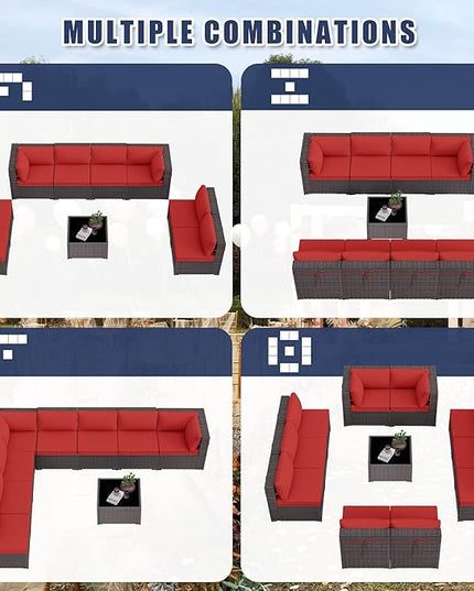 Patio Furniture Set 9-Pieces Outdoor Furniture for Backyard Wicker Sectional Sofa Set, Rattan Patio Conversation Set with Thickened Cushions and Glass Coffee Table, Red - LeafyLoom