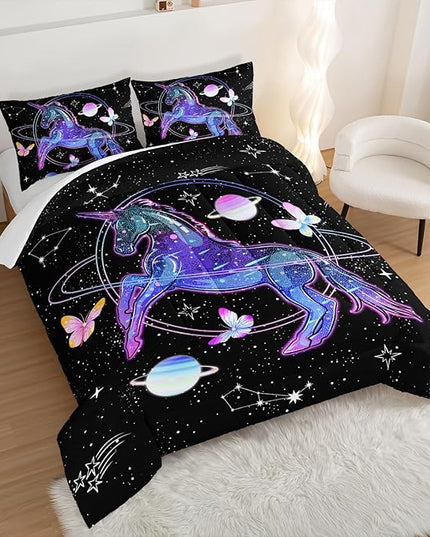 HOSIMA Unicorn Twin Bedding Sets for Girls Kids,Butterfly Star Empty Galaxy Comforter,Unicorn Bedroom Decor for Girls Boys,Soft Black Comforter Twin Bed in a Bag,Butterfly Crib Bedding Set. - LeafyLoom