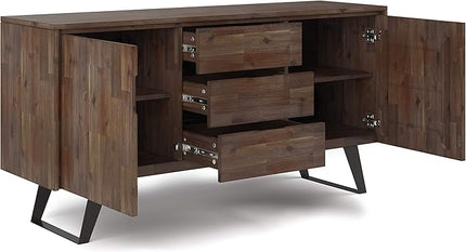 SIMPLIHOME Lowry SOLID ACACIA WOOD and Metal 60 Inch Wide Rectangle Modern Industrial Sideboard Buffet in Rustic Natural Aged Brown, For the Dining Room and Kitchen - LeafyLoom