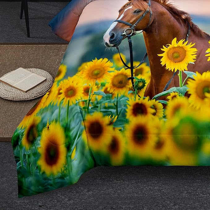 NINENINE Horse Comforter Bedding Set Twin for Boys Teens,Horse Walking Among Sunflowers Pattern Printed Bedding Set,Sunflower Comforter Set,Soft Microfiber Quilt Set with Matching Pillowcase#5002 - LeafyLoom