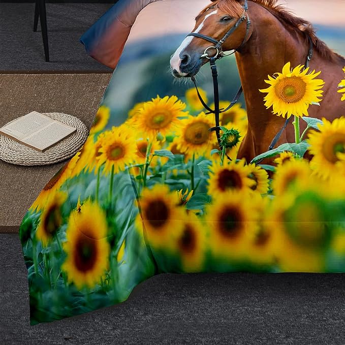 NINENINE Horse Comforter Bedding Set Full for Boys Teens,Horse Walking Among Sunflowers Pattern Printed Bedding Set,Sunflower Comforter Set,Soft Microfiber Quilt Set with Matching Pillowcase#5002 - LeafyLoom