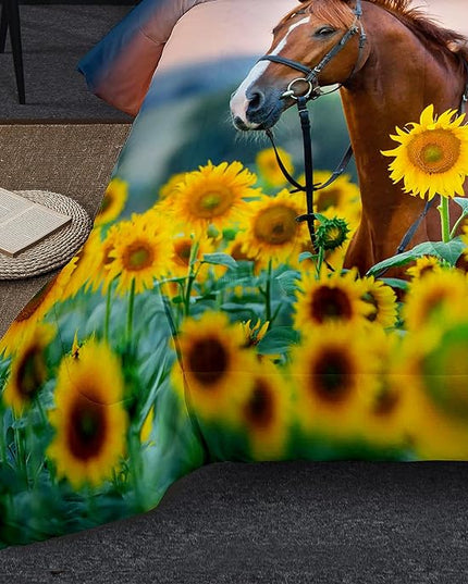 NINENINE Horse Comforter Bedding Set King for Boys Teens,Horse Walking Among Sunflowers Pattern Printed Bedding Set,Sunflower Comforter Set,Soft Microfiber Quilt Set with Matching Pillowcase#5002 - LeafyLoom
