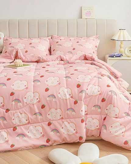 Mooreeke Bed in a Bag for Kids Girls Teens, 5 Pieces Twin Size Comforter Bed Set with Shams, Sheet Set, Rainbow Cloud Strawberry Pink Super Soft Microfiber Kids Comforter Bedding Set - LeafyLoom