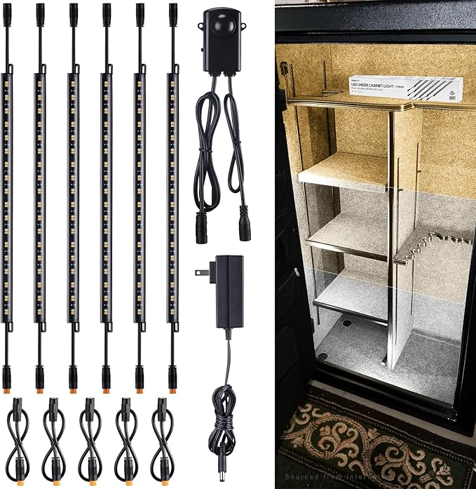 TORCHSTAR LED Safe Lighting Kit 3CCT, (6) 12 Inch Linkable Light Bars, Motion Sensor, 3000K/4000K/5000K Selectable, 900LM Safe Light Kit for Gun Safe Under Cabinet Locker Closet, UL Power Adapter TORCHSTAR
