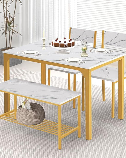 SogesHome 4-Piece Kitchen Table and 2 Chairs for 4 with Bench, Dining Table Set for Small Space, Apartment, Living-Room, Restaurant, Golden - LeafyLoom
