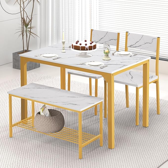 SogesHome 4-Piece Kitchen Table and 2 Chairs for 4 with Bench, Dining Table Set for Small Space, Apartment, Living-Room, Restaurant, Golden - LeafyLoom
