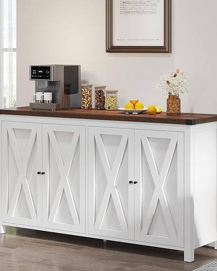 YITAHOME Farmhouse Sideboard Buffet Cabinet with Storage with 4 Doors, 55'' Large Kitchen Storage Cabinet, Wood Coffee Bar Cabinet with Adjustable Shelf for Kitchen, Living Room, White - LeafyLoom
