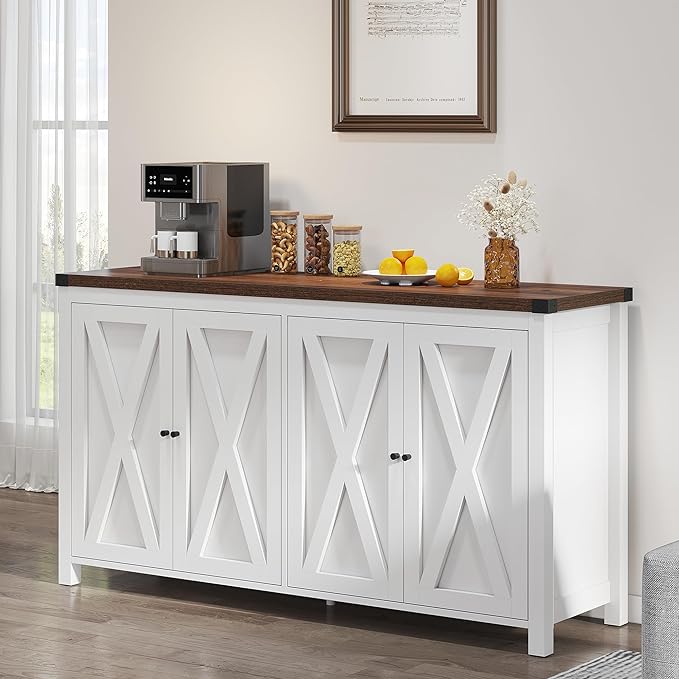 YITAHOME Farmhouse Sideboard Buffet Cabinet with Storage with 4 Doors, 55'' Large Kitchen Storage Cabinet, Wood Coffee Bar Cabinet with Adjustable Shelf for Kitchen, Living Room, White - LeafyLoom
