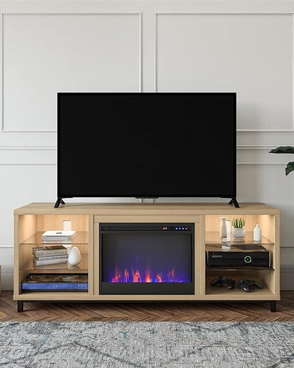 Ameriwood Home Lumina Fireplace TV Stand, Deluxe 70", Blonde Oak - LeafyLoom