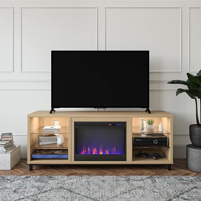 Ameriwood Home Lumina Fireplace TV Stand, Deluxe 70", Blonde Oak - LeafyLoom