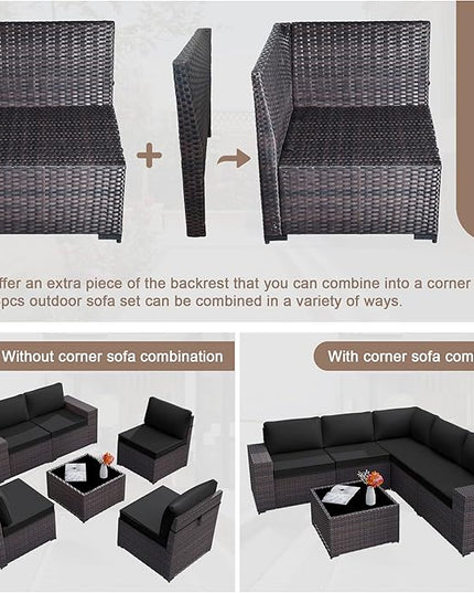 Patio Furniture Set Sofa 6-Pieces Wicker Sectional Sofa Set, Outdoor Furniture Rattan Patio Conversation Set with Thickened Cushion and Glass Coffee Table, Black - LeafyLoom