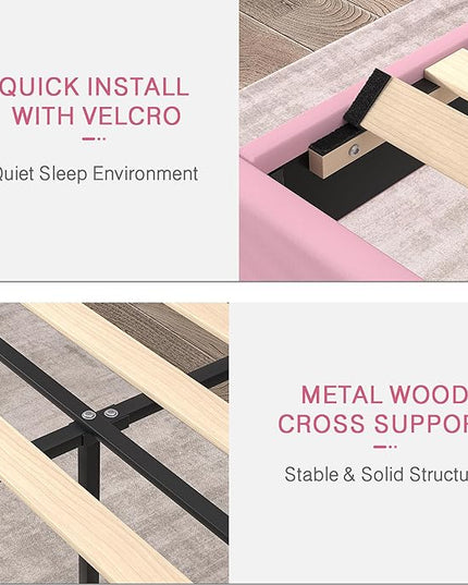 VECELO Queen Size Platform Bed Frame with Height Adjustable Upholstered Headboard, Modern Mattress Foundation,Strong Wood Slat Support, No Box Spring Needed, Easy Assembly - LeafyLoom