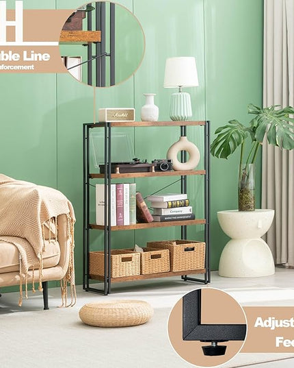 HCHQHS Bookshelf, 4-Tier Industrial Bookcase, Rustic Open Book Shelf, Freestanding Tall Bookshelves with Metal Frame - LeafyLoom