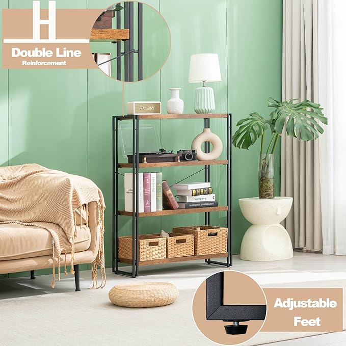 HCHQHS Bookshelf, 4-Tier Industrial Bookcase, Rustic Open Book Shelf, Freestanding Tall Bookshelves with Metal Frame - LeafyLoom