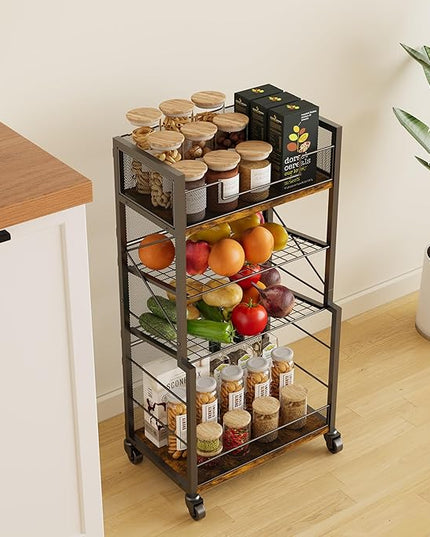 4-Tier Rolling Storage Cart Organizer with 2 Mesh Sliding Trays, Can,Drink,Snack Organizer Shelves, Retro Utility Cart on Lockable Wheels for Kitchen,Bathroom,Study,Pantry - LeafyLoom