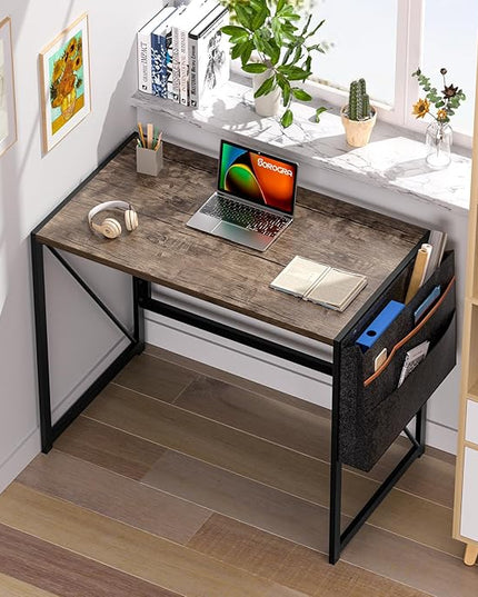 Folding Desk, Small Foldable Desk 31.5 Inch for Small Space, Computer Table Home Office Writing Desk with Storage Bag Headphone Hook, Easy Assembly, Brown - LeafyLoom