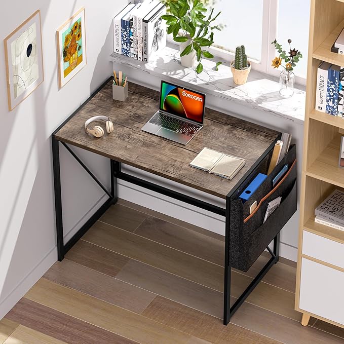 Folding Desk, Small Foldable Desk 31.5 Inch for Small Space, Computer Table Home Office Writing Desk with Storage Bag Headphone Hook, Easy Assembly, Brown - LeafyLoom