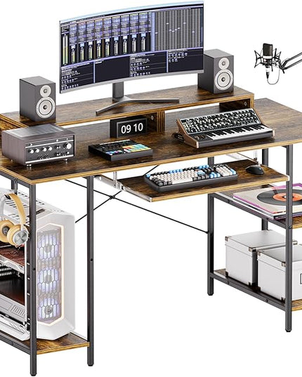 Computer Desk with Keyboard Tray, 55 Inch Music Studio Desk Music Production Desk with Storage Shelves Monitor Stands and 4 Iron Hooks, Desk Workstation Gaming Table for Home Office - LeafyLoom
