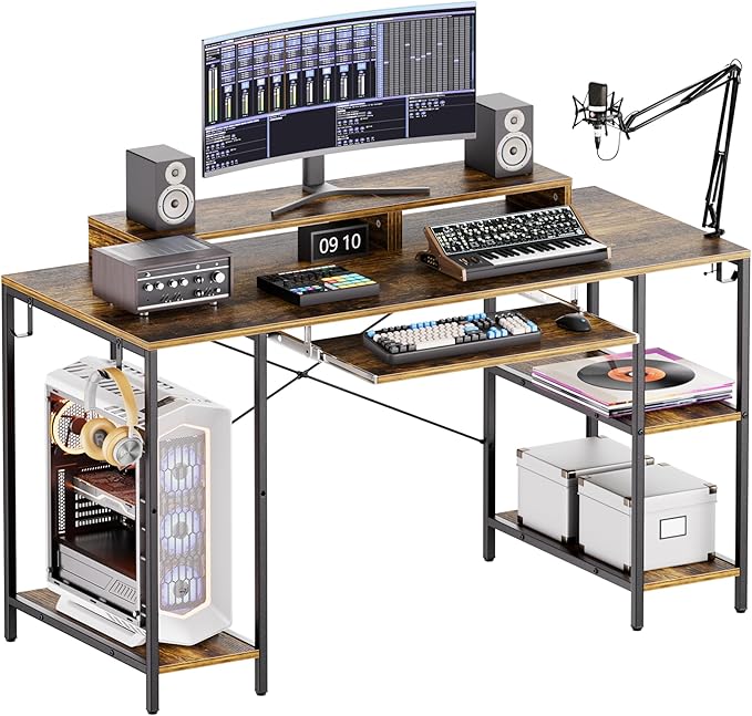 Computer Desk with Keyboard Tray, 55 Inch Music Studio Desk Music Production Desk with Storage Shelves Monitor Stands and 4 Iron Hooks, Desk Workstation Gaming Table for Home Office - LeafyLoom