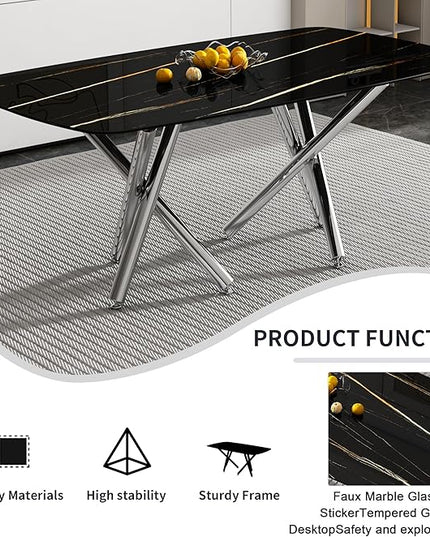 NicBex Large Modern Minimalist Rectangular Dining Table with 0.39 "Imitation Marble Black Tabletop and Silver Metal Legs for Kitchens, Living Rooms, Conference Rooms, and Banquet Halls, Black - LeafyLoom