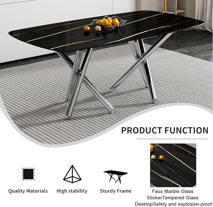 NicBex Large Modern Minimalist Rectangular Dining Table with 0.39 "Imitation Marble Black Tabletop and Silver Metal Legs for Kitchens, Living Rooms, Conference Rooms, and Banquet Halls, Black - LeafyLoom