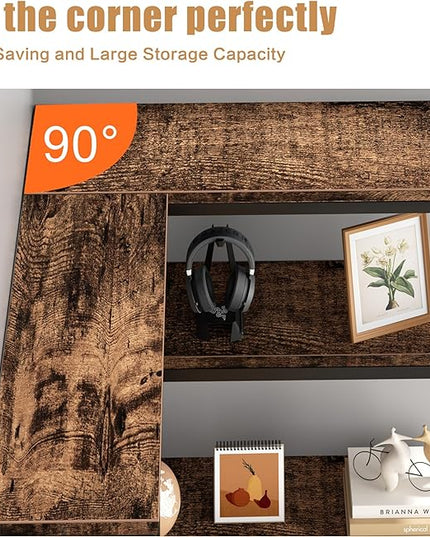 Shintenchi 5 Tiers Corner Bookshelf, 70.86" Tall L-Shaped Bookcase, Large Corner Etagere Bookcase, Corner Shelf Display Storage Rack with Metal Frame for Living Room Home Office, Rustic Brown - LeafyLoom