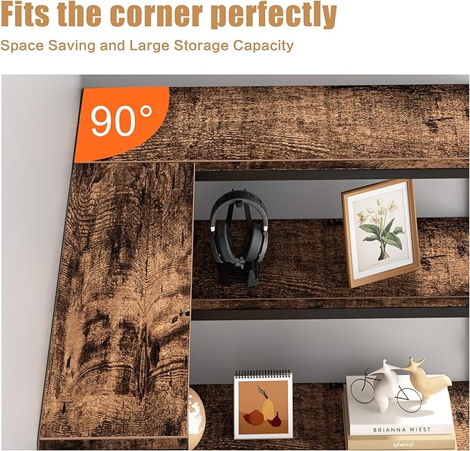 Shintenchi 5 Tiers Corner Bookshelf, 70.86" Tall L-Shaped Bookcase, Large Corner Etagere Bookcase, Corner Shelf Display Storage Rack with Metal Frame for Living Room Home Office, Rustic Brown - LeafyLoom