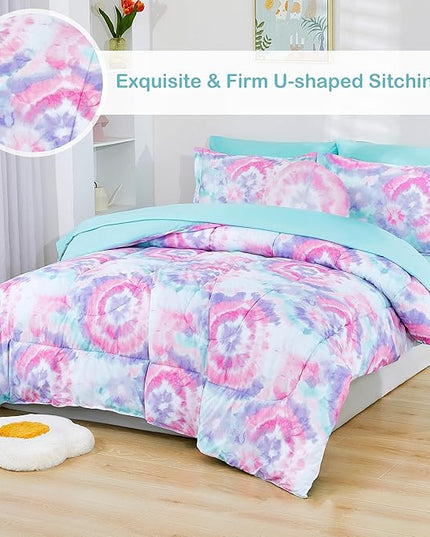 Mooreeke Tie Dye Kids Comforter Bed Set Twin Size for Girls, 6 Pieces Bed in a Bag with Shams, Sheet Set, A Toy Pillow Dark Pink Round Flower Twin Soft Microfiber Kids Comforter Bedding Set - LeafyLoom