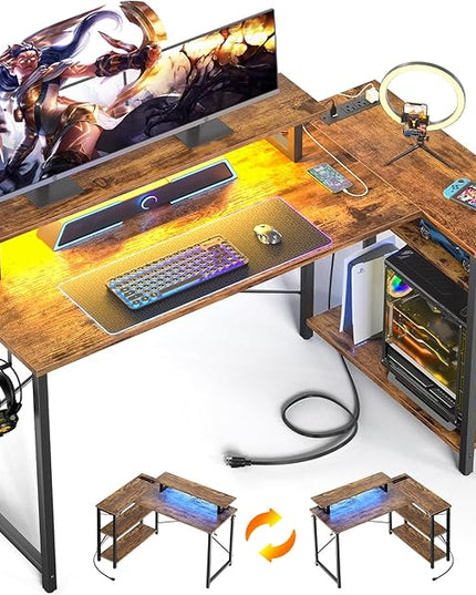 Homieasy L Shaped Gaming Desk with Power Outlet & LED Light, 55 Inch Computer Desk with Storage Shelves, Reversible Corner Desk with Monitor Stand Headset Hooks for Home Office, Rustic Brown - LeafyLoom