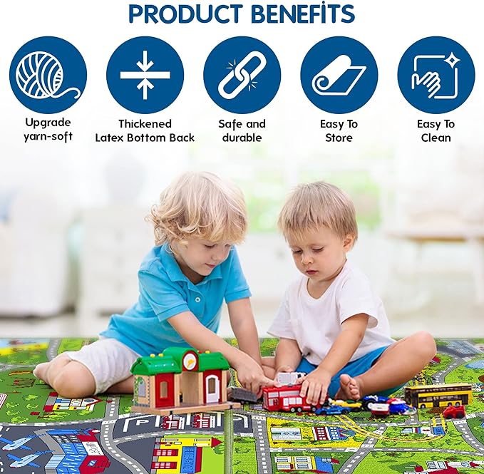 Booooom Jackson Pack 2 Train Car Rugs for Toy Cars,Car Mat,Road Rug,Kids Car Carpet Playmat Rug,Kids Car Rug Play Mat,Fun Car Play Area Rug,Non Slip Kids Car Play Rug for Playroom Bedroom - LeafyLoom