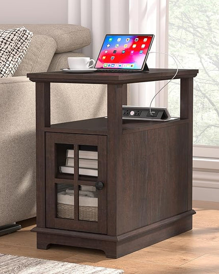 HIFYOBRO Narrow End Table with Flip Top Charging Station and Storage Cabinet, Type-C & USB port & Power outlets, Adjustable Shelf, Narrow Side Table with Storage for Living Room and Bedroom - LeafyLoom