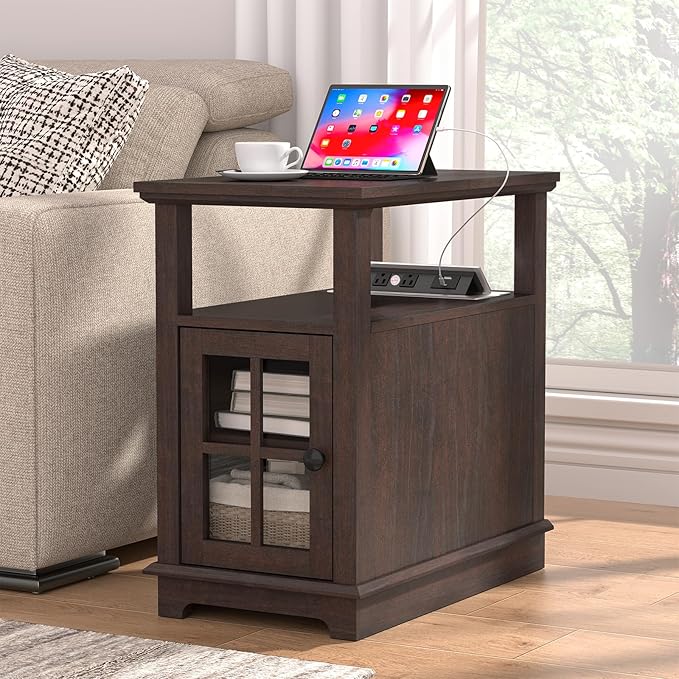 HIFYOBRO Narrow End Table with Flip Top Charging Station and Storage Cabinet, Type-C & USB port & Power outlets, Adjustable Shelf, Narrow Side Table with Storage for Living Room and Bedroom - LeafyLoom